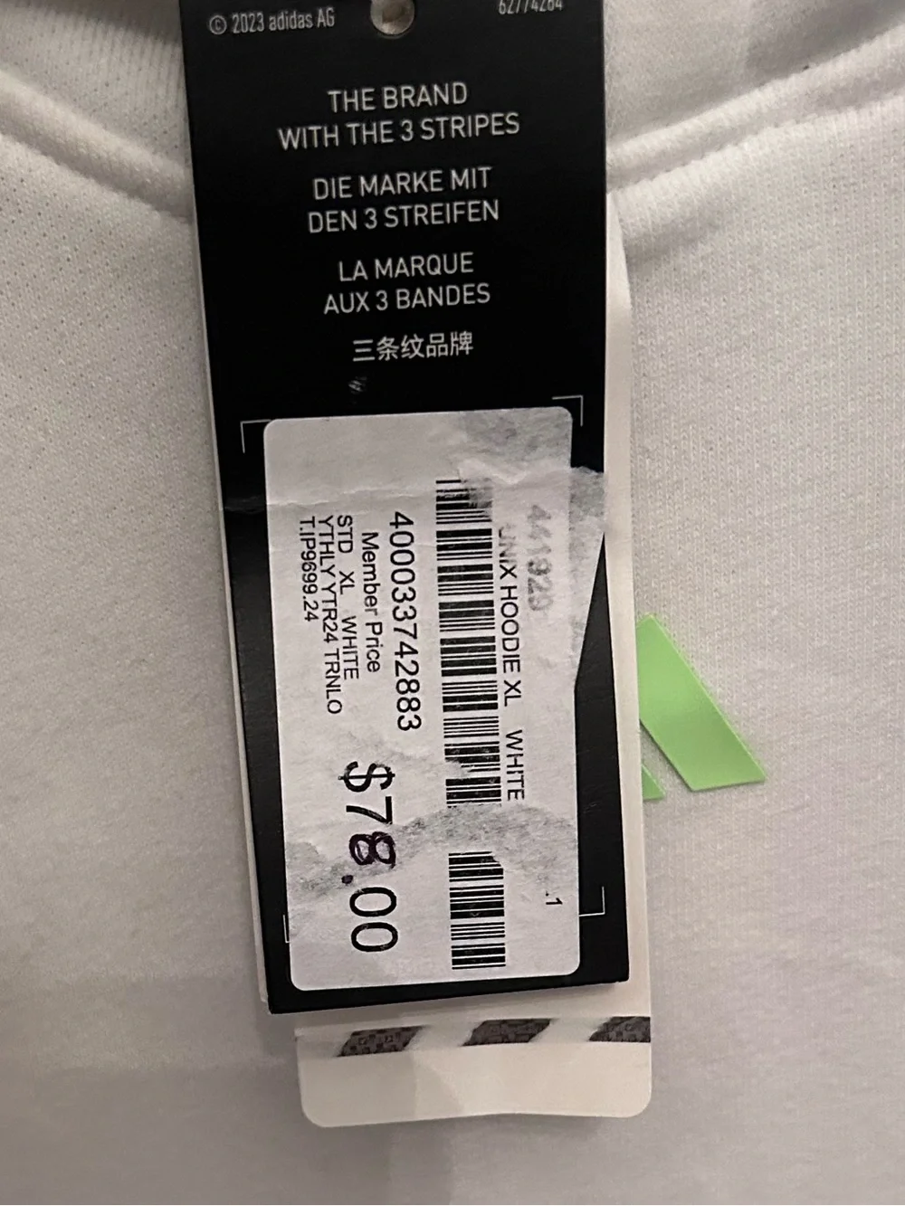 adidas White Hoodie with Neon Green Logo and Side Stripe
